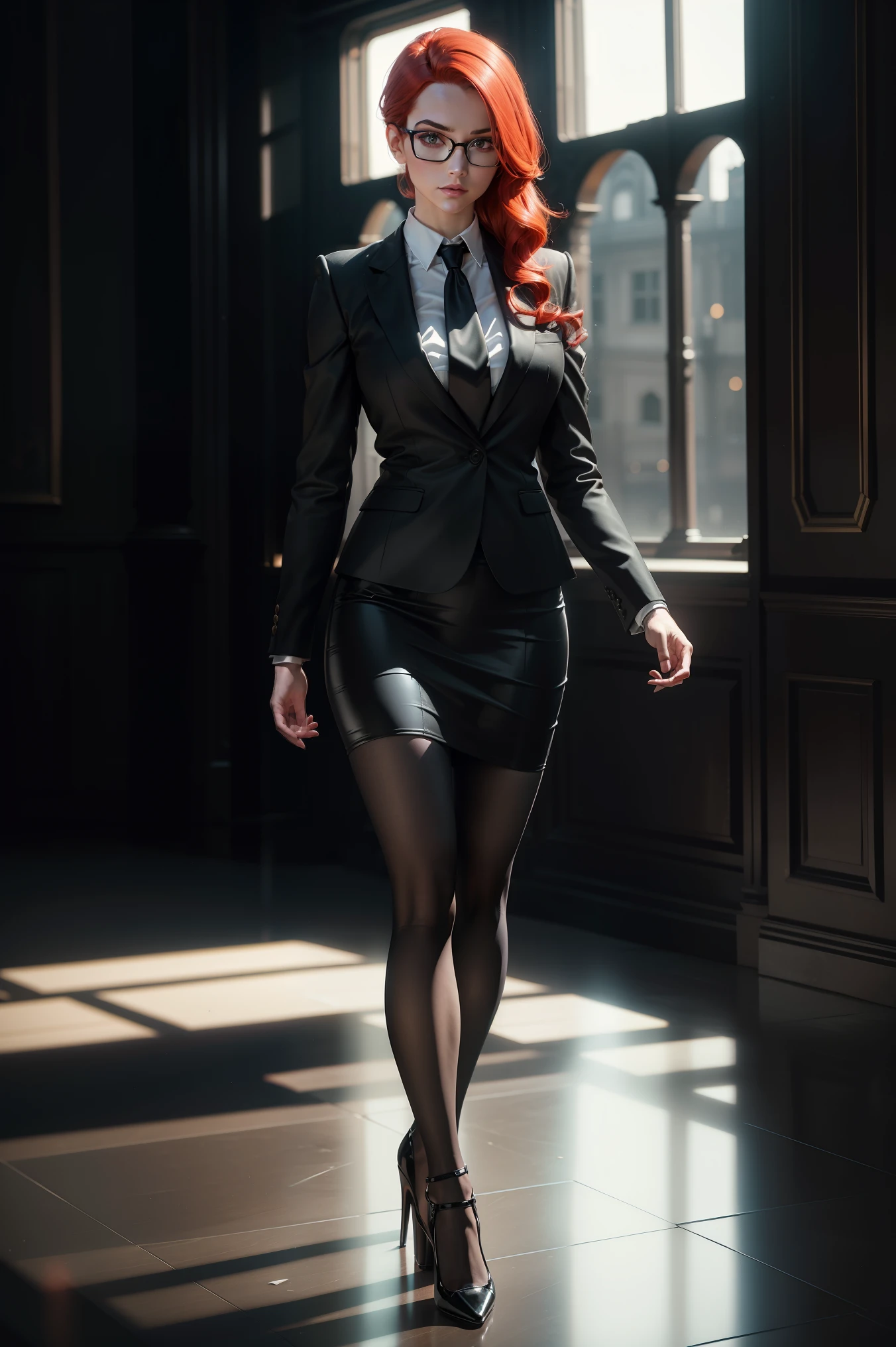 masterpiece, Best quality, red hair, Glasses, black suit with shiny skirt, tie, black gloves, (free hands:1.3)I look at the viewer, high heels, Indirect lighting, volumetric light, Best quality, ultra high resolution,