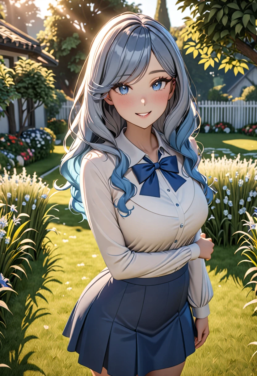 1 girl, ((Girl is curvy and slim, beautiful and tall)), ((Girl has long silver blue ombre hair)), ((blue eyes)), ((Girl wears long sleeved white blouse, blue bowtie, short blue skirt)), ((Grass yard)), looking at viewer, smiling warmly, 8k, masterpiece, ray tracing, best quality, detailed eyes, (SuperQuality:1.0) ~ (SuperQuality:1.2)