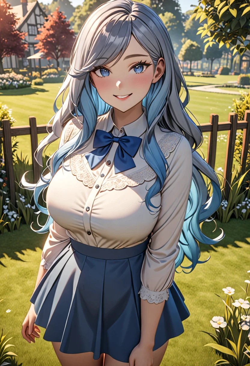1 girl, ((Girl is curvy and slim, beautiful and tall)), ((Girl has long silver blue ombre hair)), ((blue eyes)), ((Girl wears long sleeved white blouse, blue bowtie, short blue skirt)), ((Grass yard)), looking at viewer, smiling warmly, 8k, masterpiece, ray tracing, best quality, detailed eyes, (SuperQuality:1.0) ~ (SuperQuality:1.2)