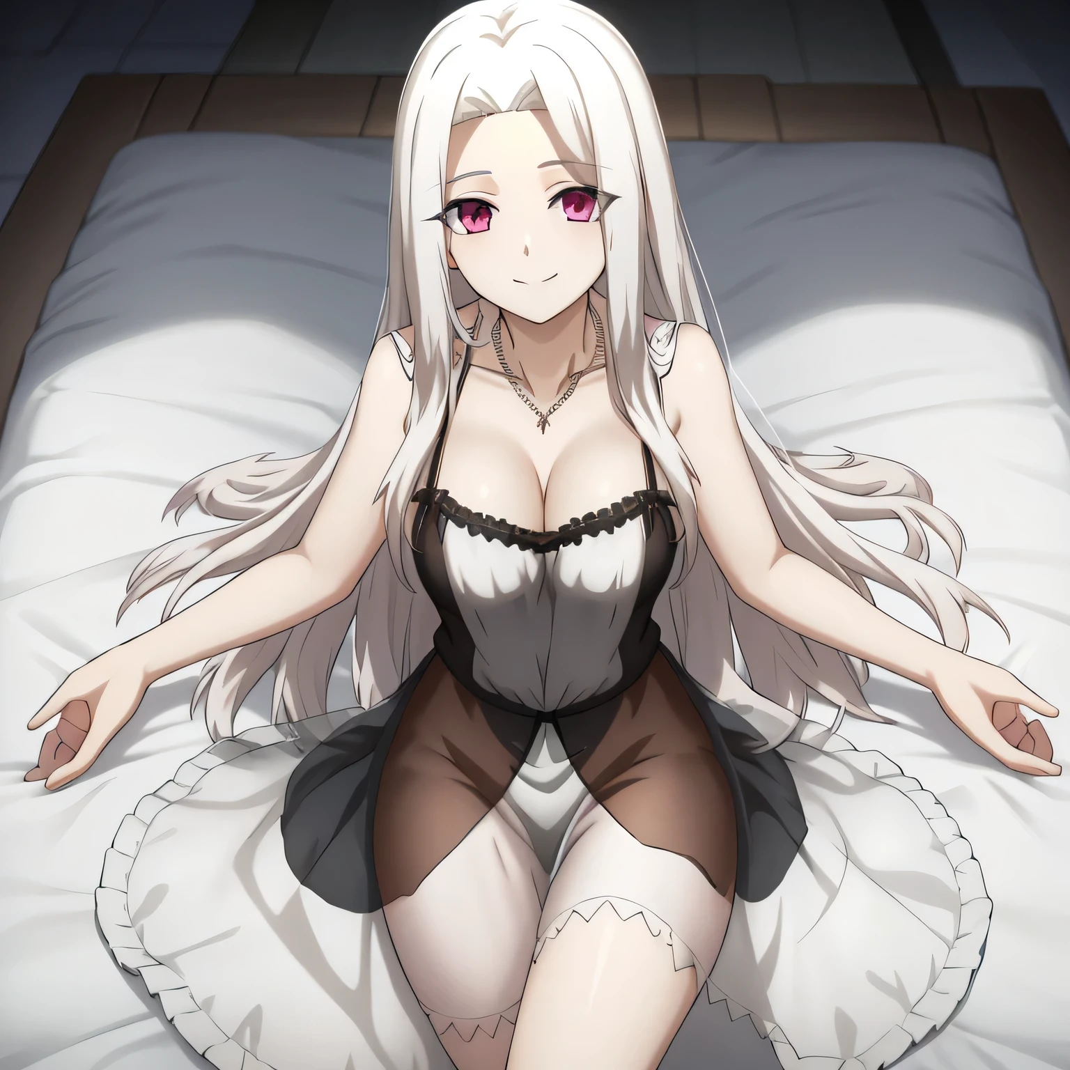 Irisviel,black sheer dress sleeveless and Decorated with rainbow colors,solo,looking at viewer,beautiful smile,arm at side,middle size of breast,beautiful necklace,lying in bed with her hands catch you 