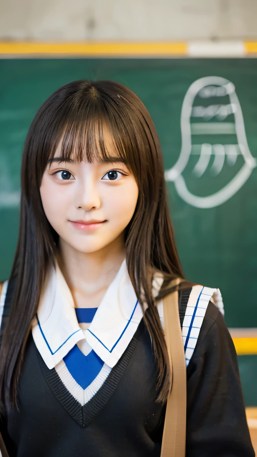 student girl korean cute　face　model studio photo double　background her school girl ,high school girl, korean girl, school, classroom, blackboard