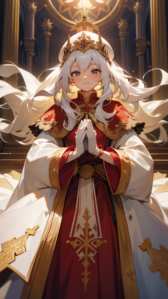 in front of the altar of a majestic church, casting judgement with magic, her voice echoing beautifully. Magic gathers around her, enveloping her in a holy aura as she chants, girl with long white hair, Classic White ballgown、long red embroidered gloves, pope's clothing and hat, long hair, ceremonial robes, mass vestments, enormous puffy sleeves, long cuffs with many buttons, golden embroidery, cross details, Long Train, lots of frills and lace, red capes, gently reaches out to you, gentle smile
