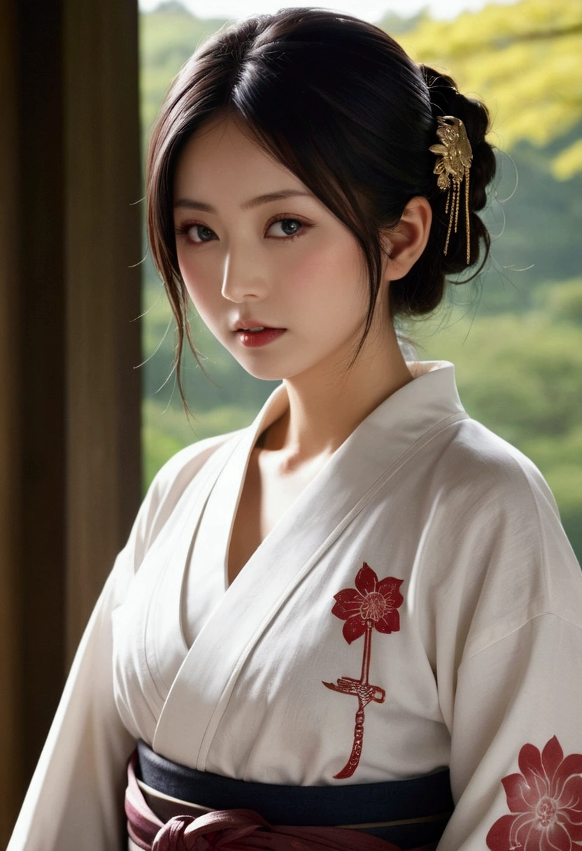 (Japanese sword &reference;Muramasa 2&reference;.2)Beautiful 27 year old woman、Japanese women、Tie your hair back、Hair ornament artist、Warrior、Clear Eyes、{Arm tattoo(SakuraFubuki}’Warrior、(Japanese swordを両手で構える、1.3)(Japanese sword1.2)Intermediate position、whole body、A long-edged sword、Realistic battle scenes、敵Warriorの返りBlood、Blood、High resolution、Highest quality、Very detailed、8k、background、The castle is burning、Sparks fly、
