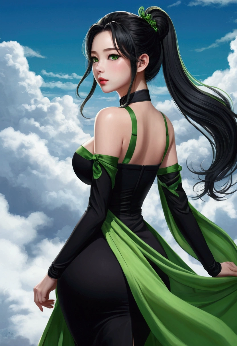 Xianyun/preserver of the clouds, obtained, 1 woman, sideways walking through liyue, wearing her dress mixed between black and green revealing tight fitting elegant, Whole body (curved), long hair tied in a black and green ponytail, fine and delicate and beautiful face, green eyes, thin lips with green lipstick, (big breasts), (plump butt), drawn anime style but not realistic