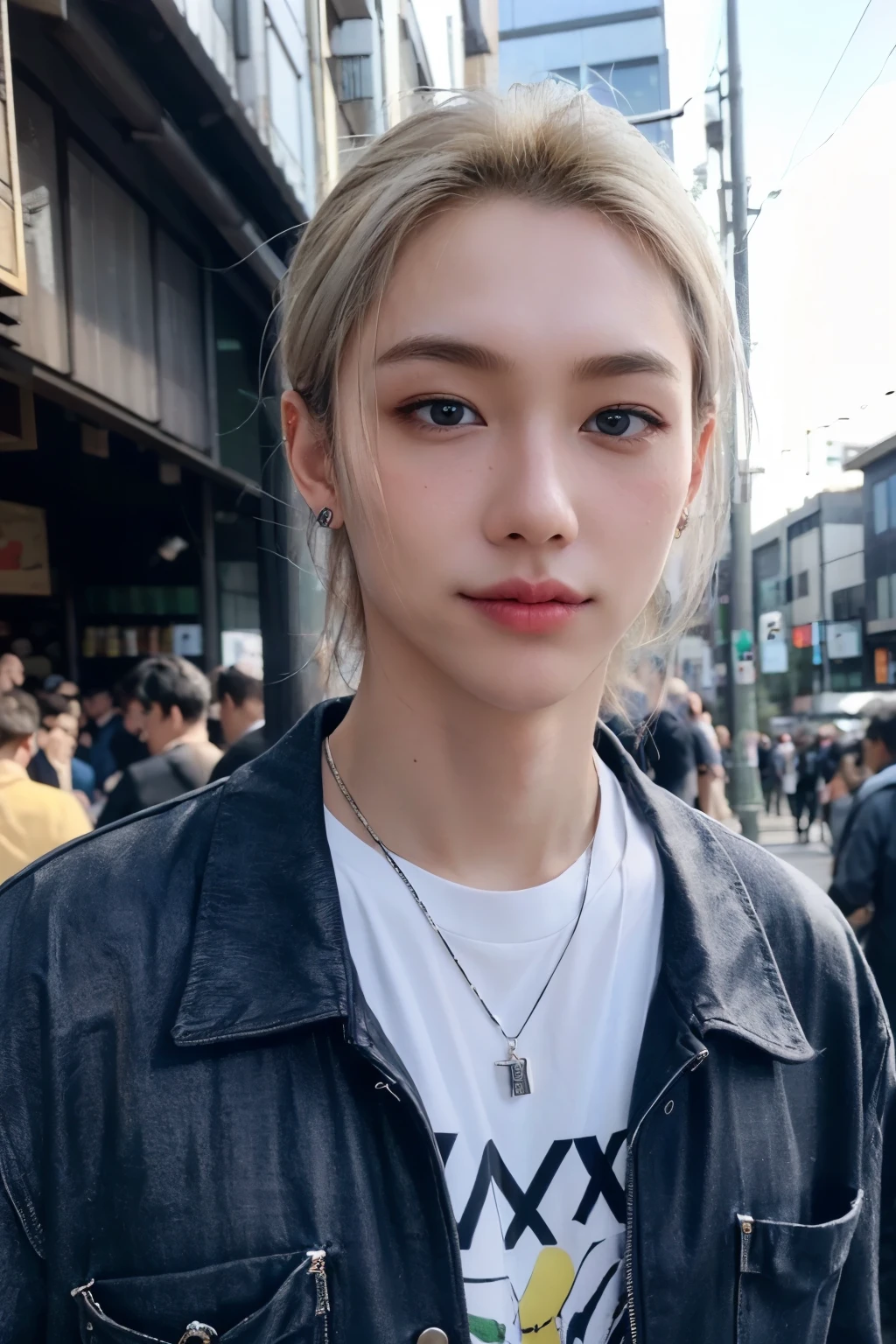 ((highest quality, 8K, masterpiece: 1.3)), Tokyo City、Handsome boy in street fashion:1.5, 20-year-old、Delinquent boy、 well-groomed face, black hair color、thin face、（white skin:1.5）、whole body、black eyes、boy with makeup、Super handsome、sexy eyes、Extra-fine face, handsome nose, small eyes and face, beautiful lighting, High resolution, detailed mouth, smile, perfect body shape、super slim，medium hair、silveraccessories、fulhair、silveraccessories、full body shot