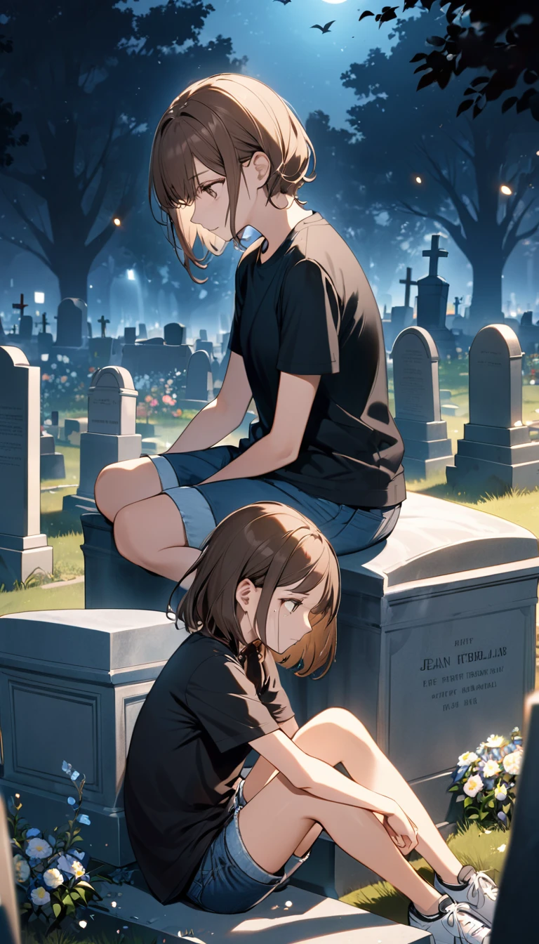 13-year-old girl in a cemetery at night sitting next to a grave crying uncontrollably while talking to her. The girl has short brown hair and is wearing a black T-shirt close to her body and jean shorts and flowers on the grave