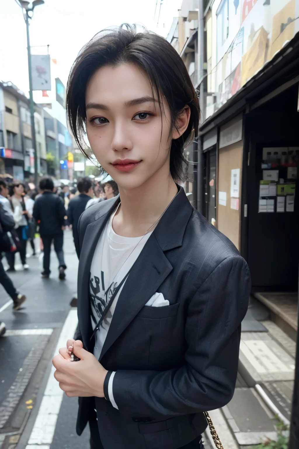 ((highest quality, 8K, masterpiece: 1.3)), Tokyo City、Handsome boy in street fashion:1.5, 20-year-old、Delinquent boy、 well-groomed face, black hair color、thin face、（white skin:1.5）、whole body、black eyes、boy with makeup、Super handsome、sexy eyes、Extra-fine face, handsome nose, small eyes and face, beautiful lighting, High resolution, detailed mouth, smile, perfect body shape、super slim，medium hair、silveraccessories、fulhair、silveraccessories、full body shot