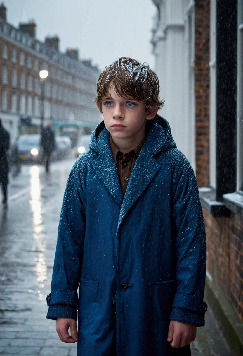 a beautiful boy, , rasgos Europeans muy finos, Brown hair, blue eyes, sad look, peaceful look, very sensible, very sad, ELEGANT DRESS, European, London, rain, Cold, winter, snow, Christmas, loneliness, melancholia, 