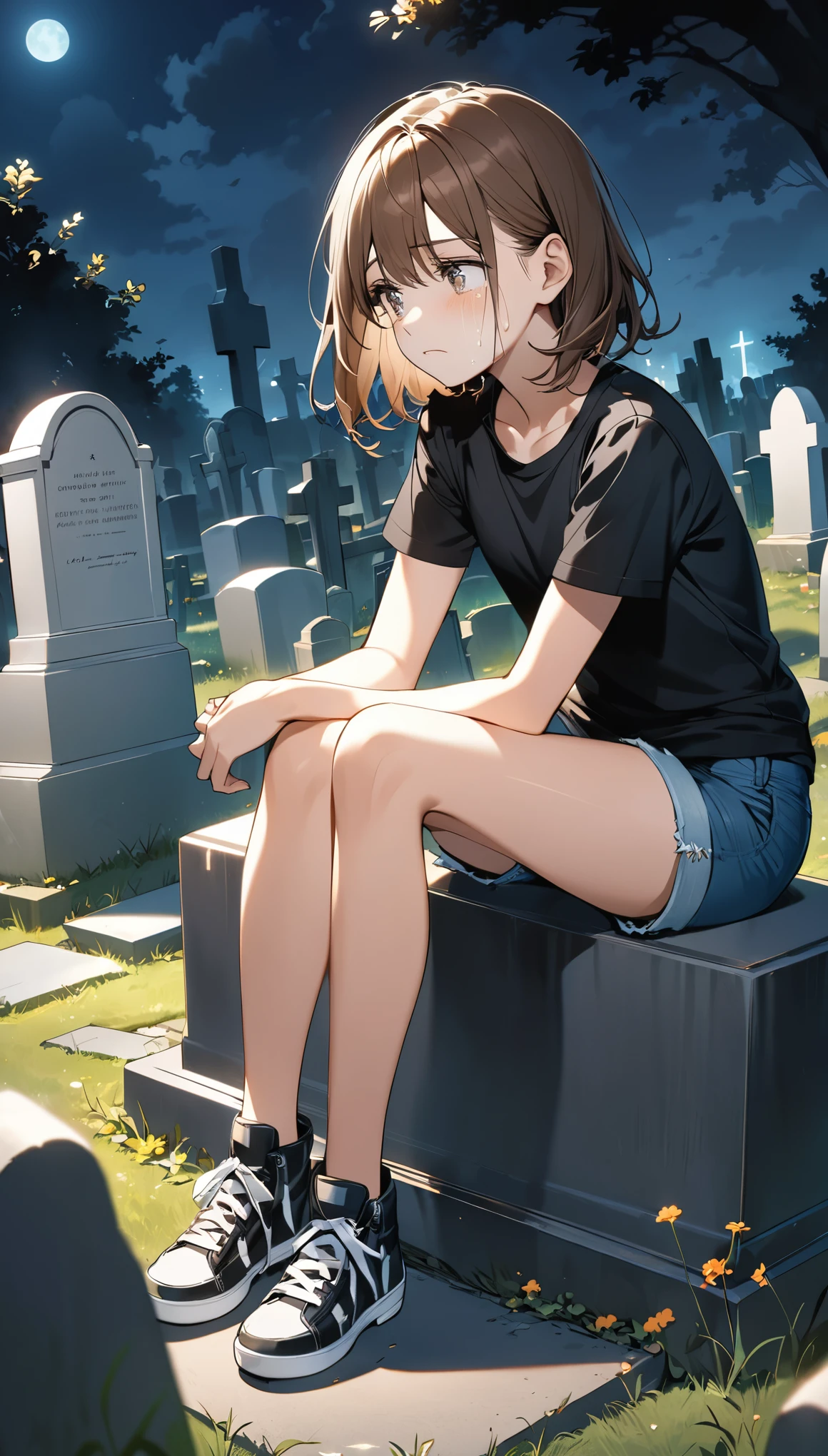  sitting next to a grave crying at night with short brown hair wearing a black t-shirt clinging to her body and jean shorts in the cemetery talking to the grave while crying a lot