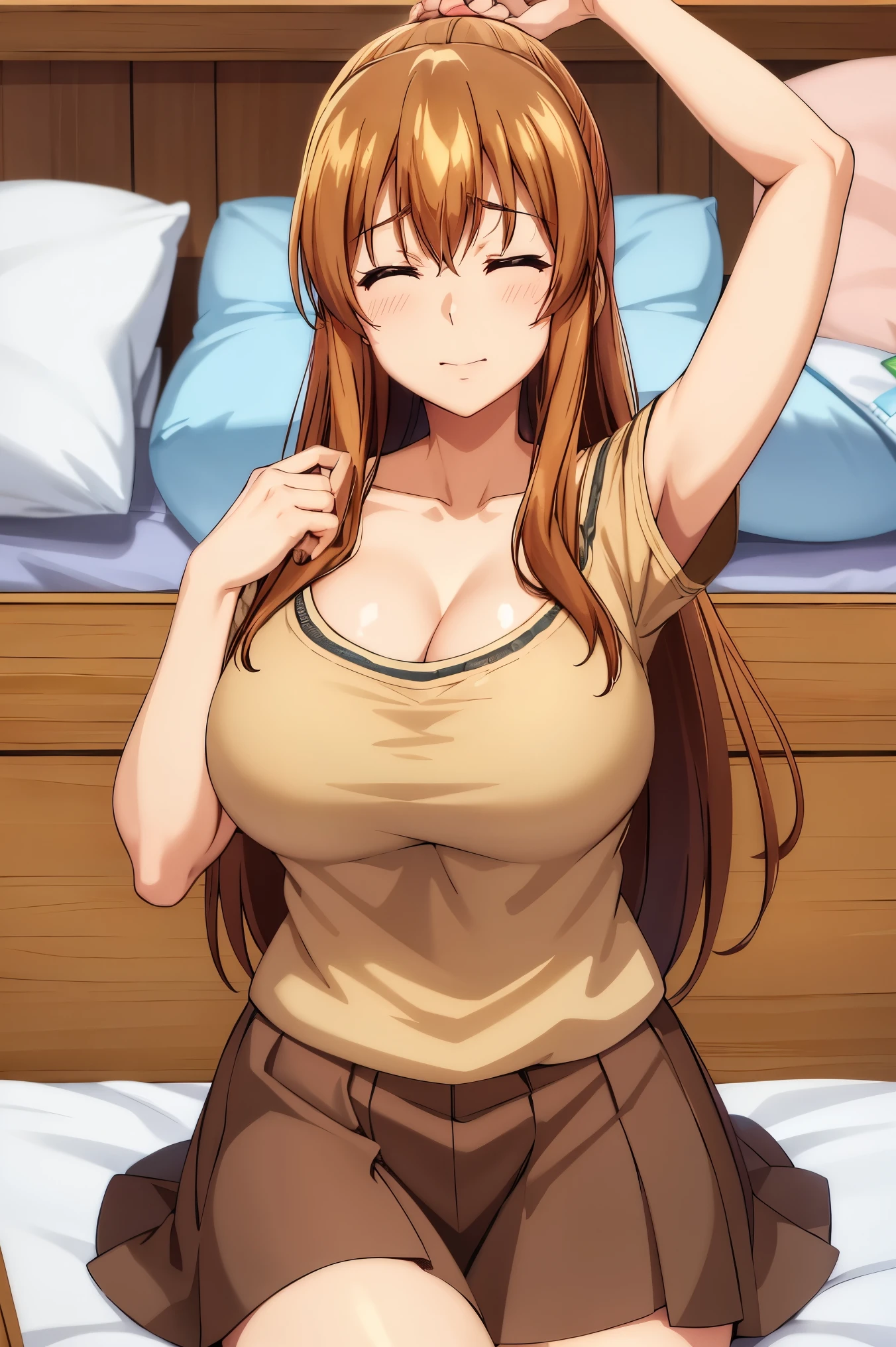 Huge , Busty, best quality, (masterpiece:1.2), highly detailed, brown t-shirt, hands up, 1girl,  kotegawa nanaka, sleeping, sleep, closed eyes, lying arround bed, bedroom, bed, pillow, light smile, brown eyes, long hair, indoor, room, close up, short skirt, cleavage