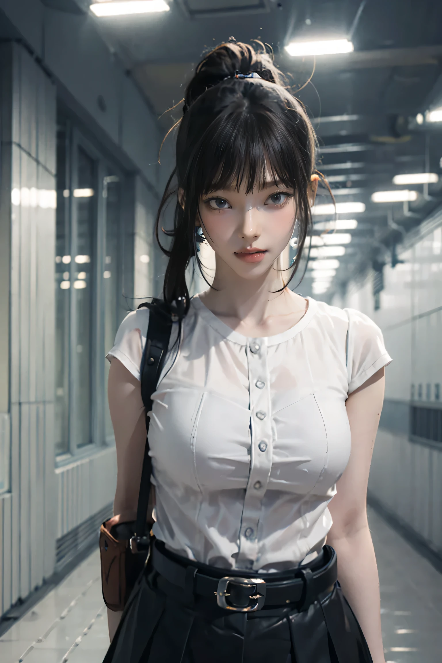 Black Skirt, 　suspenders, Brown hair Gray eyes, 脚にガーターbelt, Tight clothing, belt, Dark look, holster ,beltチェーン,ponytail, Large Breasts, (Browsing Caution:0.9)