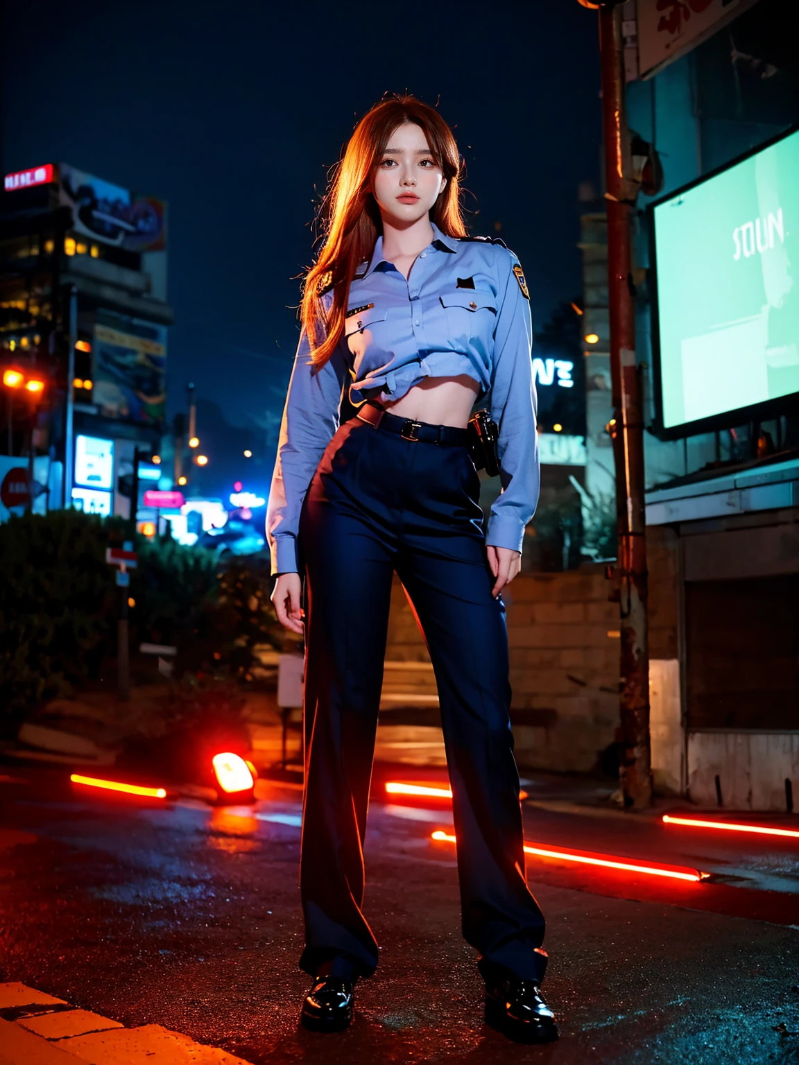 (1 lady), (Best quality at best:1.4), (ultra - detailed), (extremely detailed CG unified 16k), A Beautiful Woman with Perfect Figure: 1.4, Sharp Focus: 1.2, very detailed, High-definition RAW color photo, professional photoshooting, amazing face and eyes, cosmetics, (amazingly beautiful girl), ((asuka)), NOT Dasha Taran, ((police uniform, whole body police uniform, long sleeves blue navy shirt, police uniform blue navy pants)), standing, sexyposture,(Dark and stylish urban landscape, city lights, city lights:1.3), (look from down), realistic cinematic face, head to feet long wide zoomed out view, full body long view, photorealistic, ((realistic natural orange redhair style, blue eyes, long hair)), gorgeous, extremely beautiful face, perfect model beauty, pout mouth, Highly Detailed Face and Skin Texture, Detailed Eyes, Double Eyelids, Medium Breasts, Smile, cleavages, western, (masterpiece), best quality, high resolution, extremely detailed, blurred background, depth of field, cinematic lighting, amazing legs, combat boots, clear and well-cared skin, (((woman occupies most of the picture))), (photorealistic colors, photography colors)