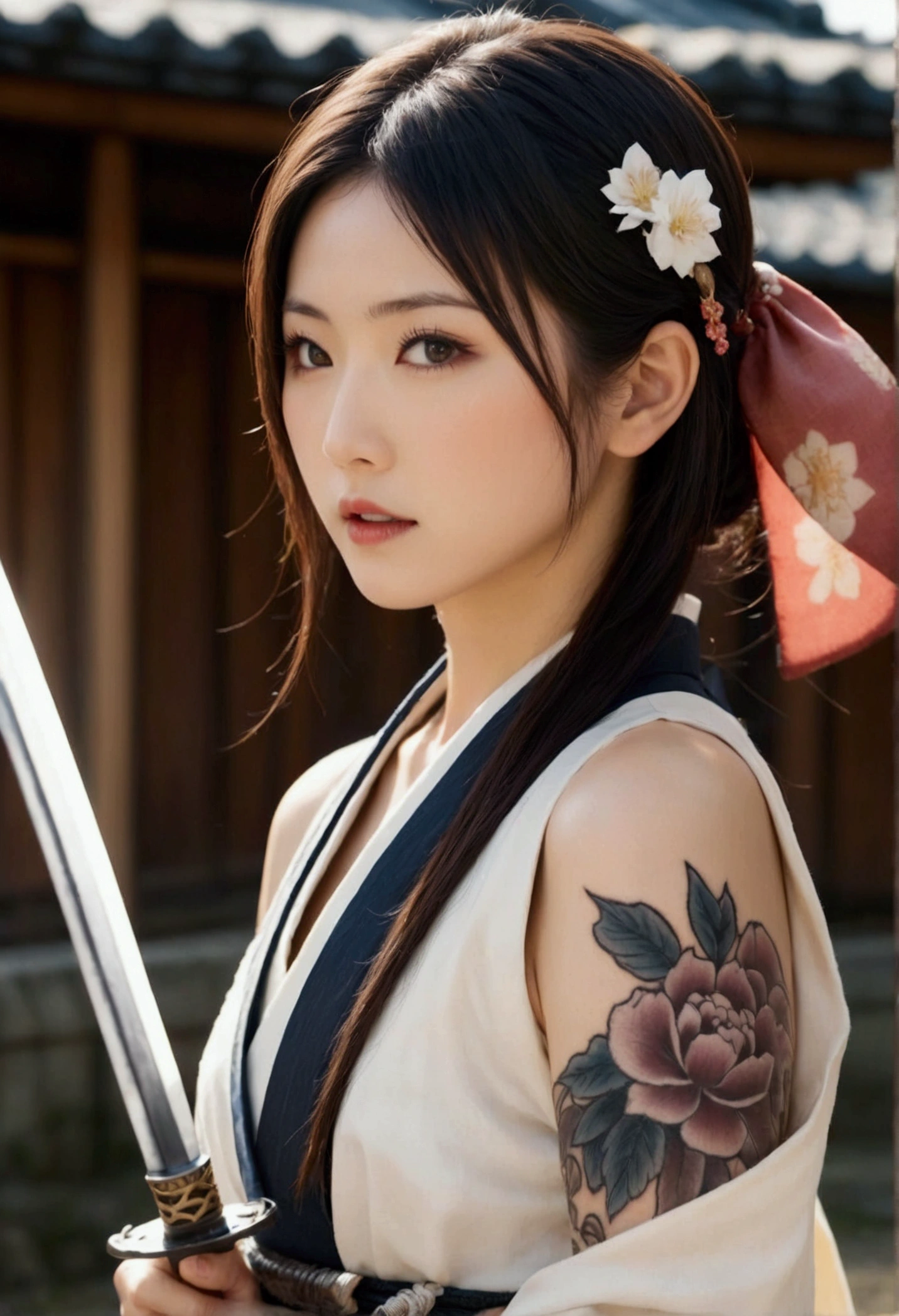 (Japanese sword &reference;Muramasa 2&reference;.2)Beautiful 27 year old woman、Japanese women、Tie your hair back、Hair ornament artist、Warrior、Clear Eyes、{Arm tattoo(SakuraFubuki}’Warrior、(Japanese swordを両手で構える、1.3)(Japanese sword1.2)Intermediate position、whole body、A long-edged sword、Realistic battle scenes、敵Warriorの返りBlood、Blood、High resolution、Highest quality、Very detailed、8k、background、The castle is burning、Sparks fly、