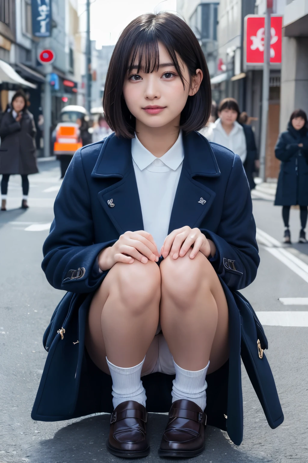 Highest quality, masterpiece, Ultra-high resolution, (Realistic:1.4), Raw photo, Very detailed, Perfect Anatomy, One girl, , Most popular Japanese idols, Squat down with your feet tightly together, Put your hand on your cheek, On the streets of Japan in winter, An innocent smile, View your viewers, ((Panty shot, Under the skirt):1.3), (((Wearing white panties))), Detailed white panties, Very beautiful thighs and knees, ((extremely beautiful detailed crotch Wearing white panties)), Very beautiful legs, (She is wearing a navy blue pleated skirt and a brown duffle long coat.), Navy blue pleated skirt with attention to detail, Brown duffle long coat with attention to detail, Wearing black loafers and white socks on both feet, Very cute face like a famous Japanese idol, Very beautiful big black round eyes, Very beautiful black short hair, Cute face with attention to detail, Large, detailed, round black eyes, Detailed beautiful short black hair