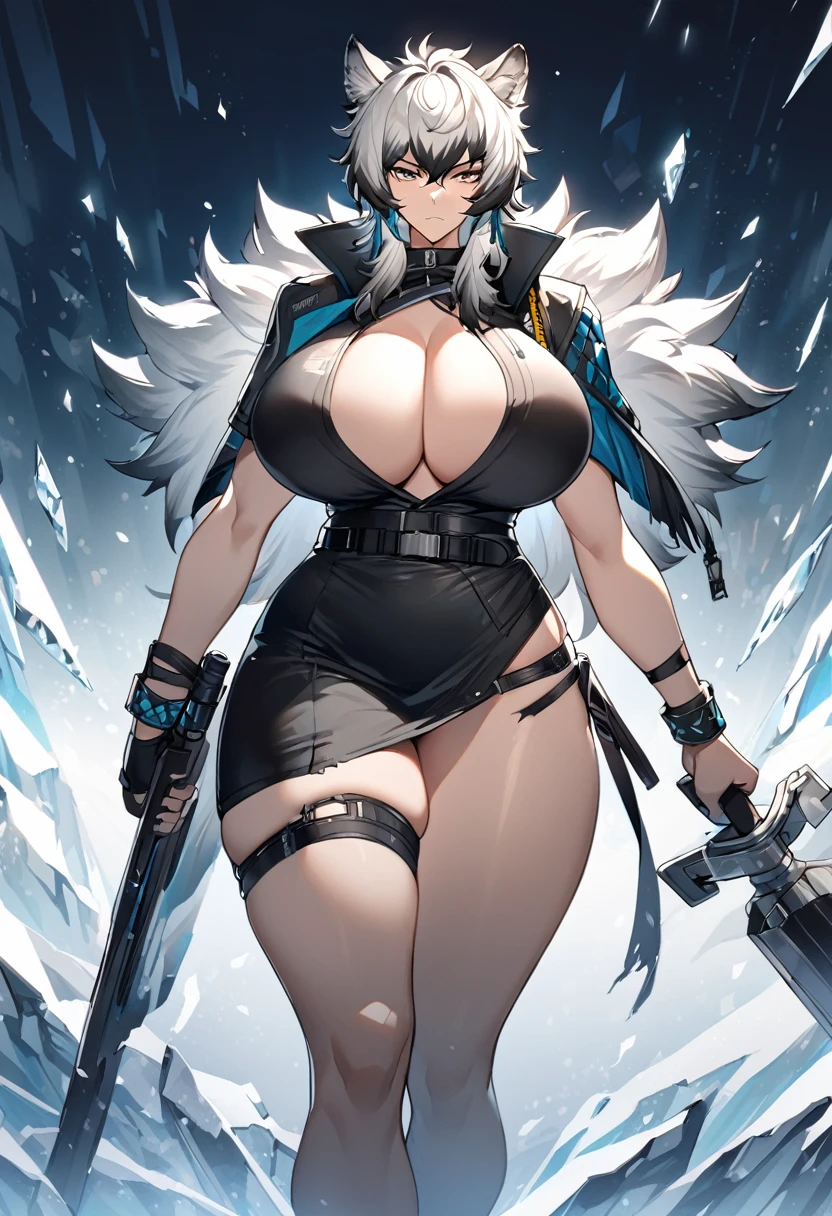 SilverAsh(Arknights),grey hair,animal ears,curvy body,wearing her original clothes (half torn off), wielding original weapon (one only), big breast,big thighs,icy background,midnight setting.