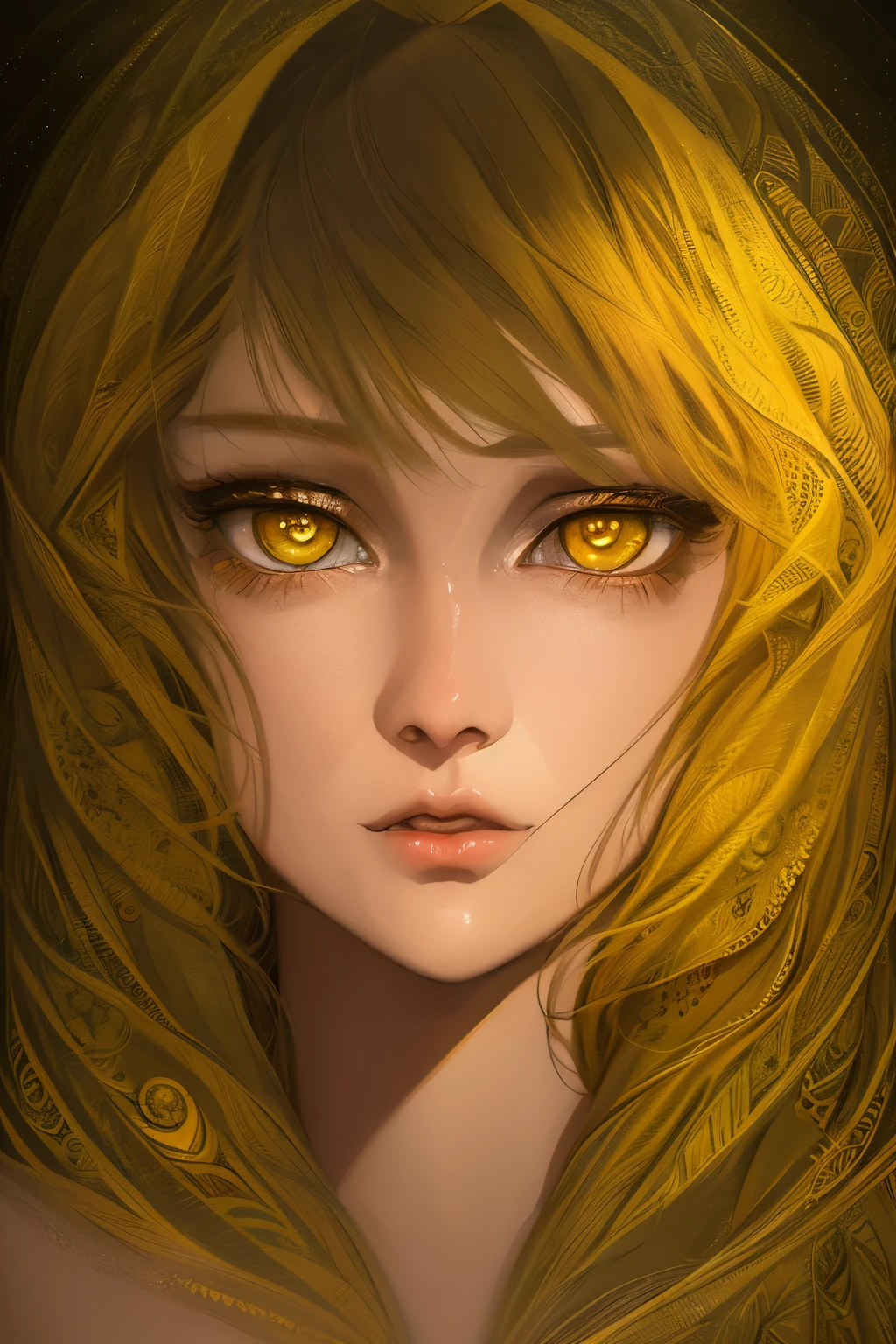 a detailed portrait of a person with yellow eyes, detailed facial features, beautiful detailed eyes, beautiful detailed lips, extremely detailed eyes and face, long eyelashes, intricate details, photorealistic, 8k, high quality, digital painting, muted colors, warm lighting, dramatic lighting, background with blood, anime style 