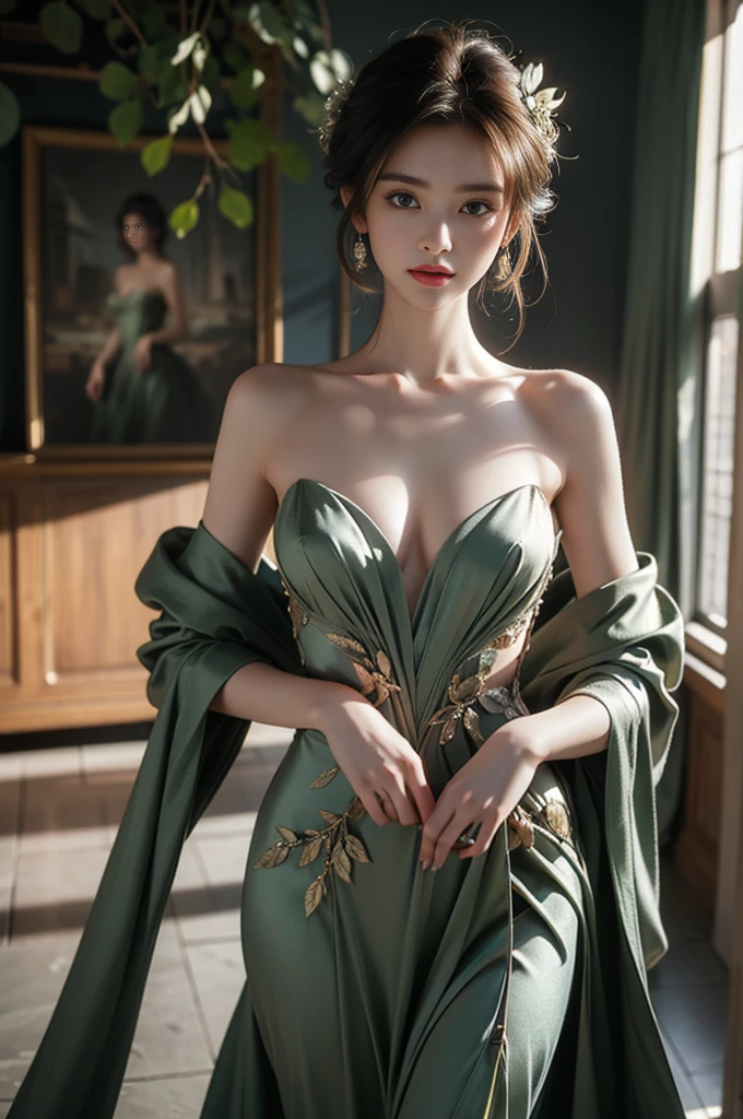 wrenchleafloom
gown
leaf ((1 girl, Elegant posture)), Natural leg proportions, Visible cleavage, masterpiece, (best quality, 4K, 8K, high resolution, masterpiece:1.2), Extremely detailed, (Practical, photoPractical, photo-Practical:1.37), Official Art, CG, Anatomically correct, Random Scenes, Random shooting angle, Movie, photography, Intricate background, Soft lighting, Subtle shadows, Vibrant colors, Expressive eyes, Beautiful, high class boutique, Ambience, A moment of honesty, Natural expression, Detailed texture, Fine details, Refined and elegant, Exquisite style, Artistic Composition, Beautifully presented.