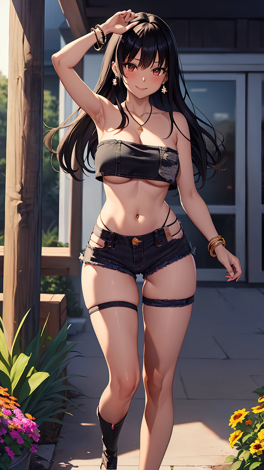1girl, anime girl, anime, (dark skin), bracelet, necklace, earrings, 2d girl, 18y, (fullbody), anime girl, seductive smile, (black hair), flowing hair, hair flowing in the wind, ((white,tube top,strapless)), ((underboob view)), cleavage, Solo, Slim, Big Breasts, Tight Shorts, low waist shorts, upshorts, outdoors, night background, flowers, looking at viewer, darker shadows, (((Wedgie))), (((explicit))), (((black shorts, (((black jean shorts))), shorts color is black))), (((absurdres))), (((thigh gap))), NSFW, (((cameltoe))), (((lowleg shorts))), (((sexy))), (((sensual))), (((Detailed description vagina))), (((Tube Top))), (((Strapless)))