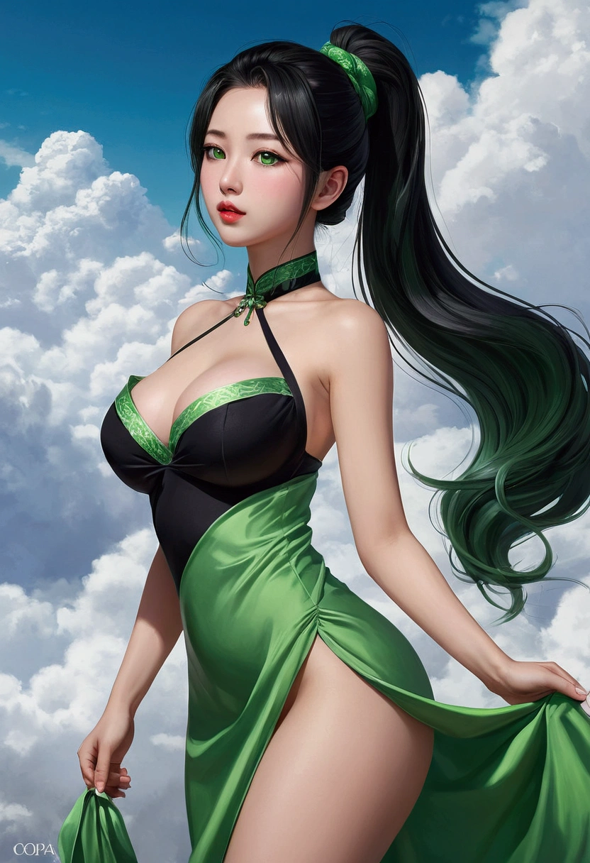 Xianyun/preserver of the clouds, obtained, 1 woman, sideways walking through liyue, wearing her dress mixed between black and green revealing tight fitting elegant, Whole body (curved), long hair tied in a black and green ponytail, fine and delicate and beautiful face, green eyes, thin lips with green lipstick, (breasts: copa Z), (plump butt), drawn anime style but not realistic, drawn by Stable Diffusion