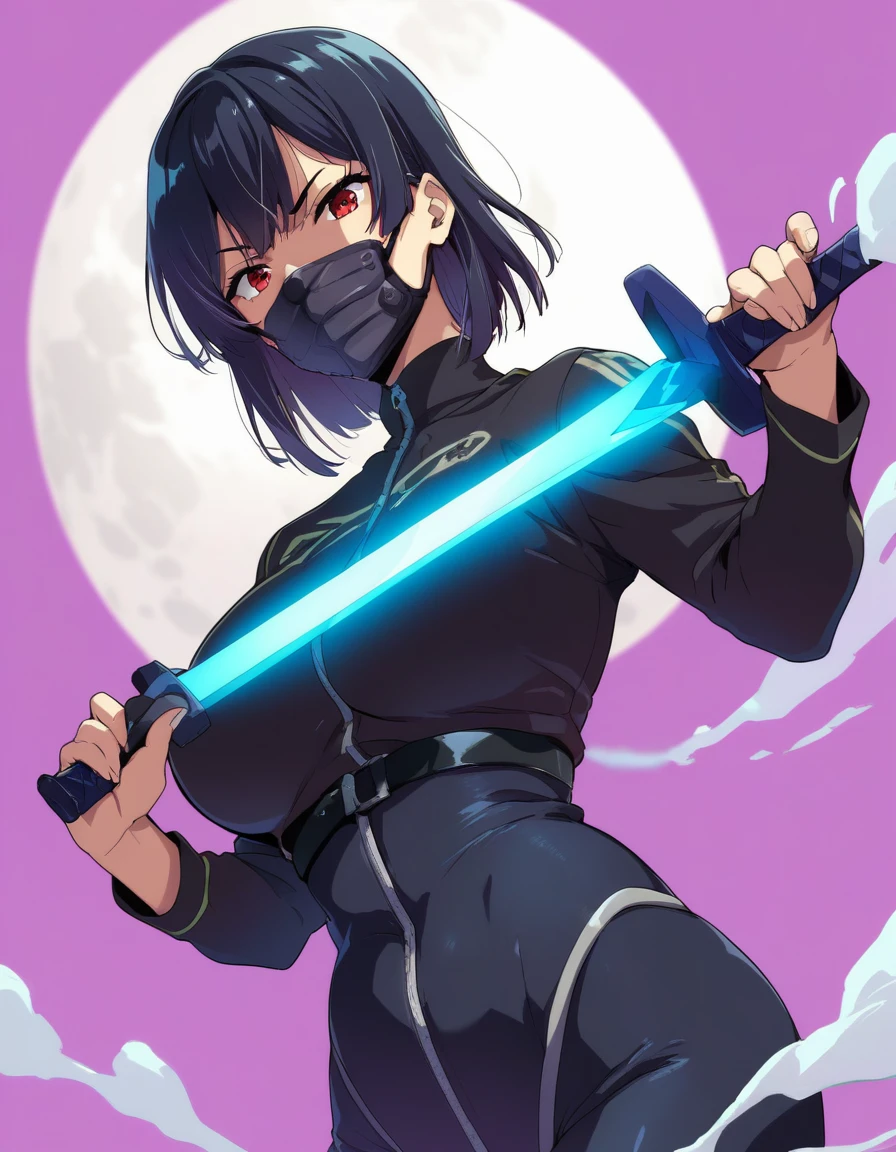 Human, ((1girls)), 34 years old, medium hair, black hair, red eyes, Lange breasts, black bodysuit, mouth mask, 1m69, ((Takeda Hiromitsu)), Holding a short sword in one hand, holding a smoke bomb in the other, standing straight, full moon sky,