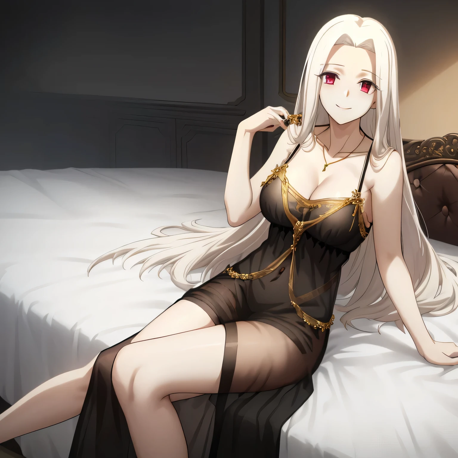 Irisviel,black sheer dress sleeveless and Decorated with golden color,solo,looking at viewer,beautiful smile,arm at side,middle size of breast,beautiful necklace,lying in bed with her hands catch you,take off the top of a dress