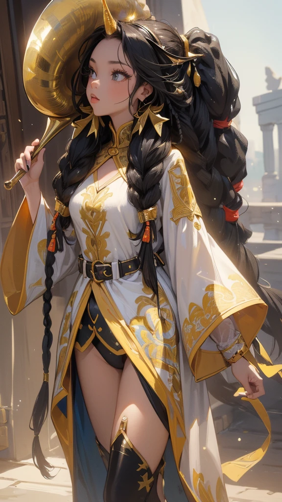 (masterpiece, highest quality, ultra high res, ultra detailed:1.3), 1 cute girl, ideal ratio body proportions, a national costume with a zigzag print, (black fine dreadlocks:1.3), (blowing a horn:1.4),