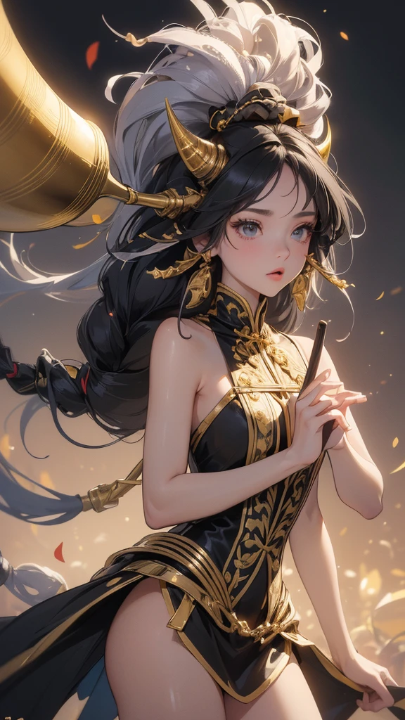 (masterpiece, highest quality, ultra high res, ultra detailed:1.3), 1 cute girl, ideal ratio body proportions, a national costume with a zigzag print, (black fine dreadlocks:1.3), (blowing a horn:1.4),
