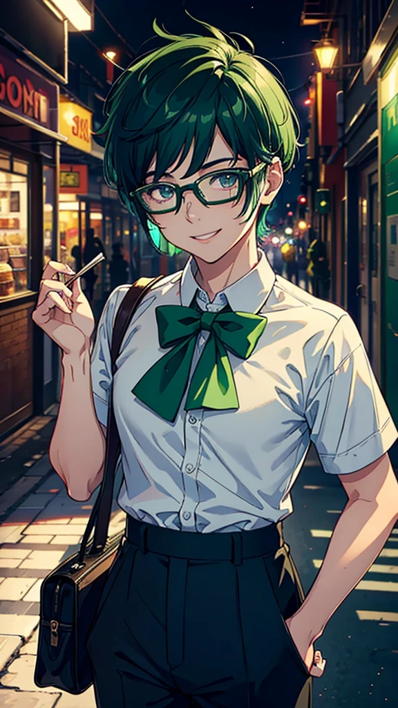 Male student, sweets, Glasses, Dark green short hair, uniform, cake, colored inner hair, smile, Surrealism, cinematic lighting, UHD, high details, highres, best quality, 8k
