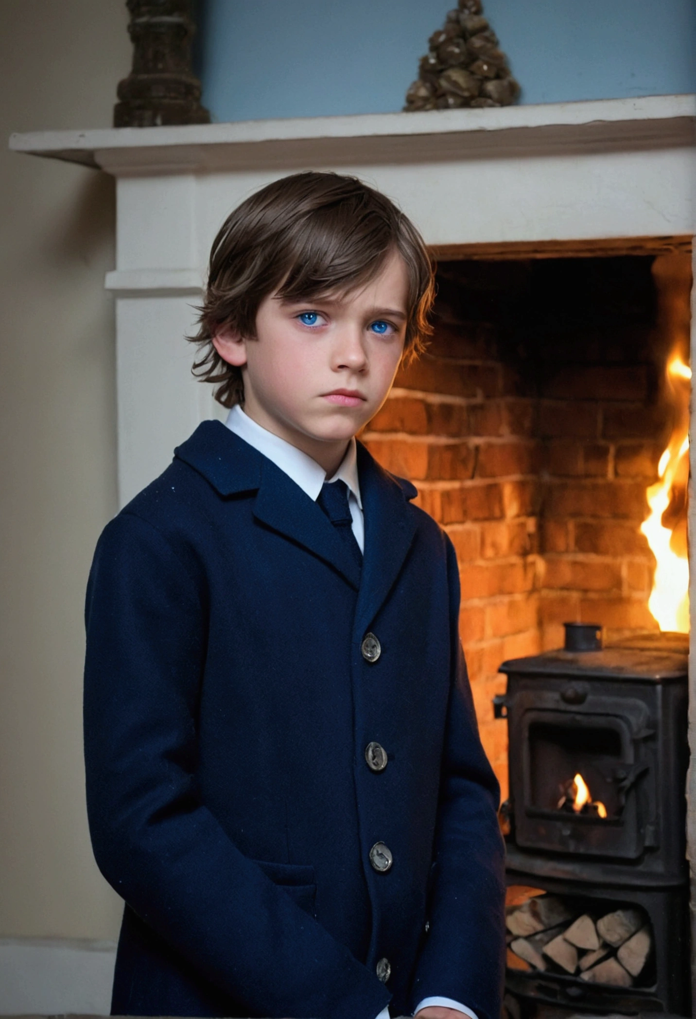 a beautiful boy, 14 years, rasgos Europeans muy finos, Brown hair, blue eyes, sad look, peaceful look, very sensible, very sad, ELEGANT DRESS, European, London, rain, Cold, winter, snow, Christmas, loneliness, melancholia, fire in the room, Chimney.
