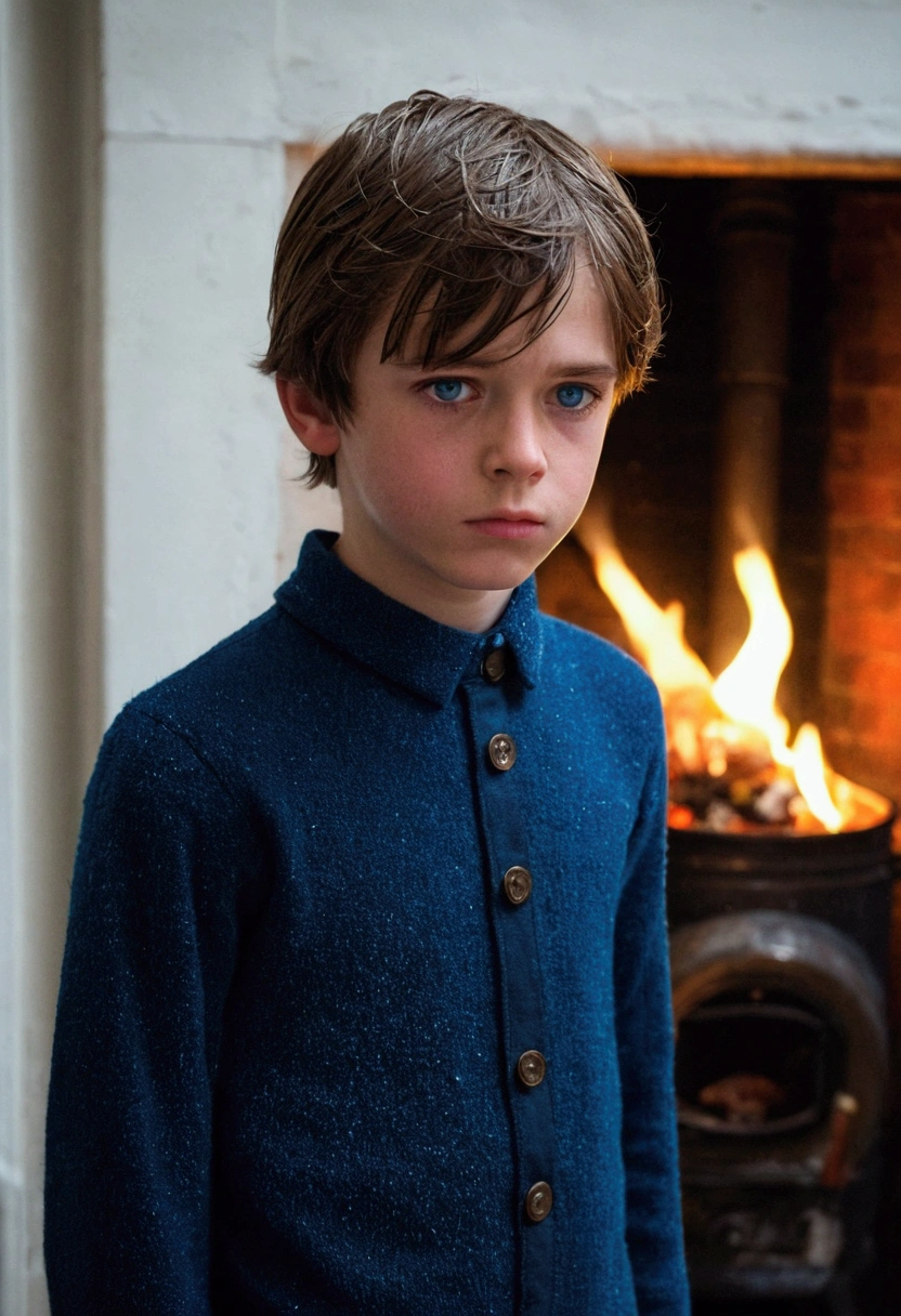 a beautiful boy, 14 years, rasgos Europeans muy finos, Brown hair, blue eyes, sad look, peaceful look, very sensible, very sad, ELEGANT DRESS, European, London, rain, Cold, winter, snow, Christmas, loneliness, melancholia, fire in the room, Chimney.