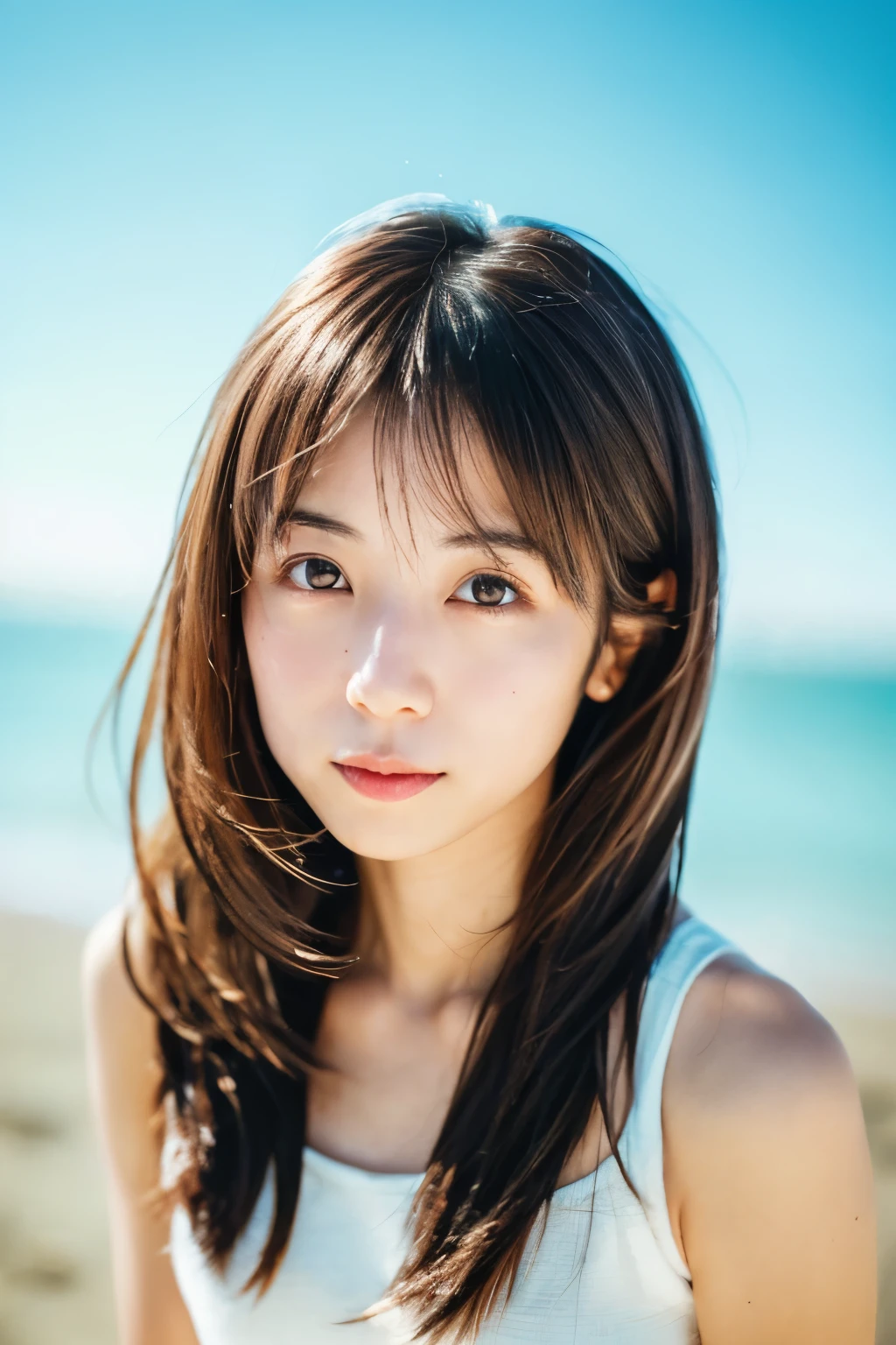 8k, highest quality, masterpiece, super high resolution, (realistic:1.4), RAW Photos, (Film Grain:1.3), One Girl, portrait of a skinny Japanese woman, 30 years old, standing on the beach, a cute face, detailed face, detailed eyes, {short|long} hair, correct ????????????, photogravure