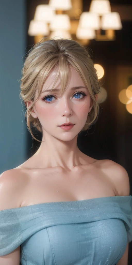 elegant mature woman, blonde, chignon hair, blue eyes, soft light, 4k resolution, high detailed, high quality, beautiful cg