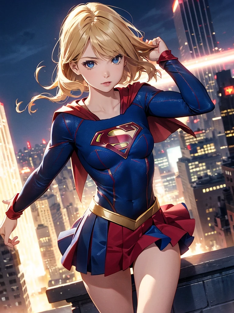Supergirl, S symbol in chest, small breasts, short skirt, new york in background, 