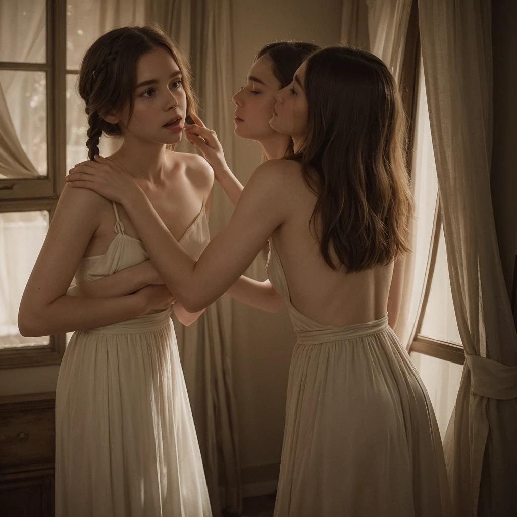 Sophia Lillis,, Soft belly, elegant, Open your mouth, Portraiture , Long braids,whole body 、Beautiful old room、Relaxed atmosphere、mysterious、Old Polaroid Film、Bright light、Photos taken by lovers、Intimate atmosphere、Two people in love、Rich colors、Color、ecstasy
