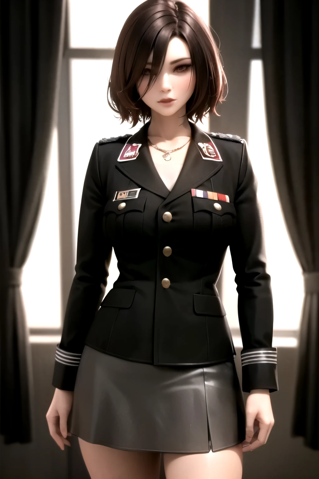 ((best quality)), ((Masterpiece)), (details:1.4), 3d,, HDR (high dynamic range), mature woman, เหมือนจริง, Curtain Bangs, Red hair, Red eyes, PBR surface, After processing, Anisotropic filtration,depth of field, Maximum clarity and clarity, multi-layered surface, perfect proportions, 8K raw files, at night, ผมหลายชั้น, Short skirt, military uniform, jacket, shirt,