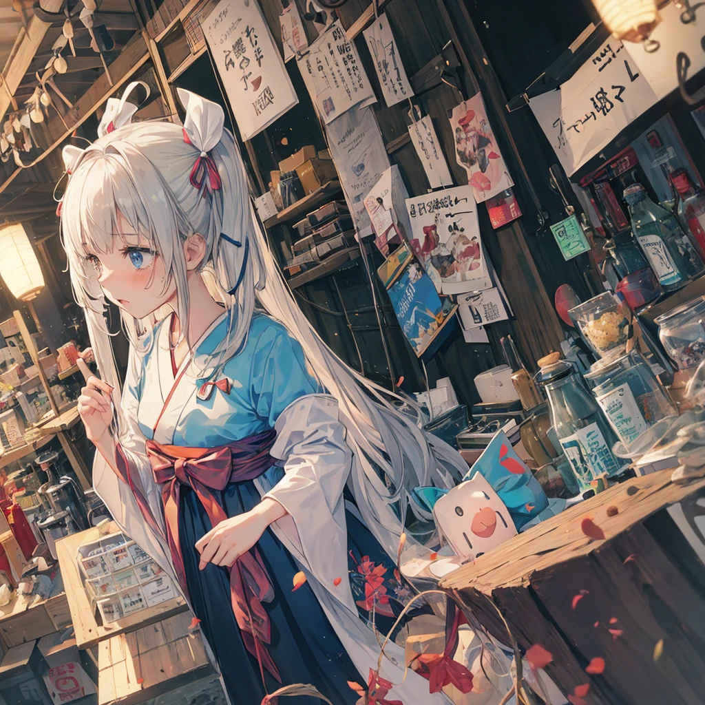 One girl, bionde, ribbon, Twin tails,gauze, Light blush, I want to cry, Anime Style, Food, Young Girl,Shy, cute,shame,Ahoge, ribbon hair accessory, younger sister,Japanese style
