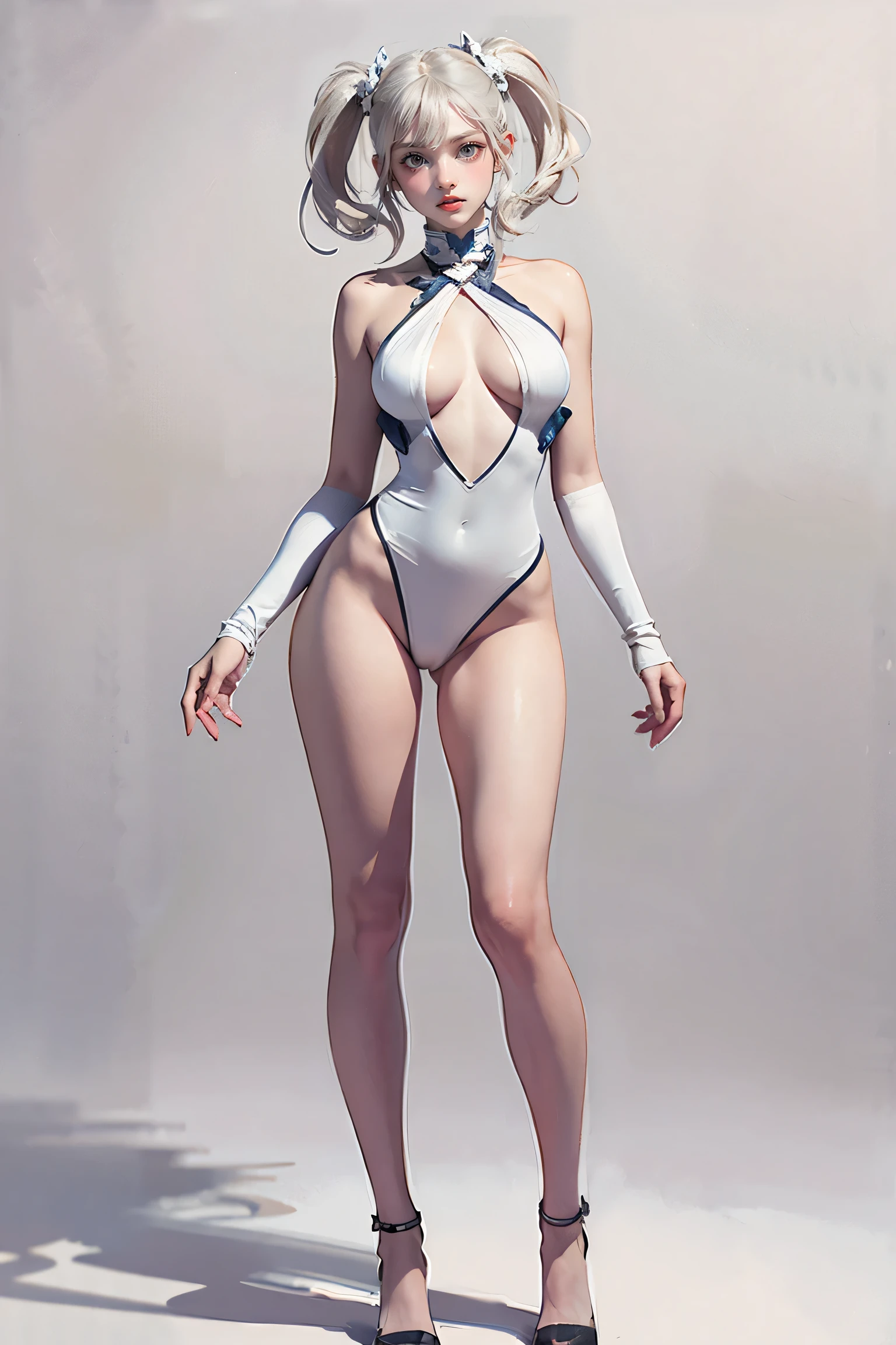 Masters of Animation, A perfect masterpiece, On a snow-white background、Cool outfits, Sexy and modern clothing、Sexy mature modern woman standing, Flowing silver hair, Twin tails，Full Body Stand Posture, Thin legs, Large Breasts, Detailed facial details, Natural and beautiful standing posture, Crisp and realistic body detail,(NSFW:0.9)