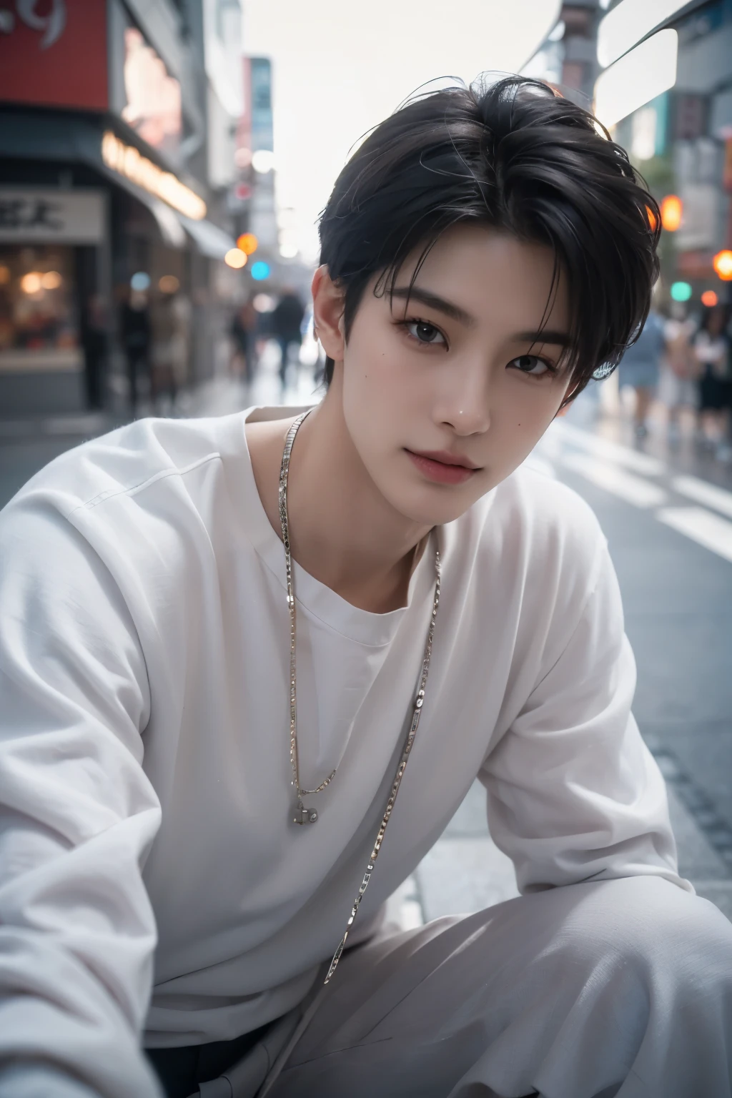 ((highest quality, 8K, masterpiece: 1.3)), Tokyo City、Handsome boy in street fashion:1.5, 20-year-old、Delinquent boy、 well-groomed face, black hair color、thin face、（white skin:1.5）、whole body、black eyes、boy with makeup、Super handsome、sexy eyes、Extra-fine face, handsome nose, small eyes and face, beautiful lighting, High resolution, detailed mouth, smile, perfect body shape、super slim，medium hair、silveraccessories、fulhair、silveraccessories、full body shot