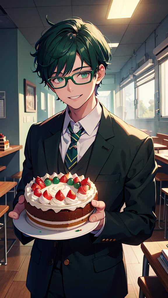 Male student, sweets, Glasses, Dark green short hair, uniform, cake, colored inner hair, smile, Surrealism, cinematic lighting, UHD, high details, highres, best quality, 8k