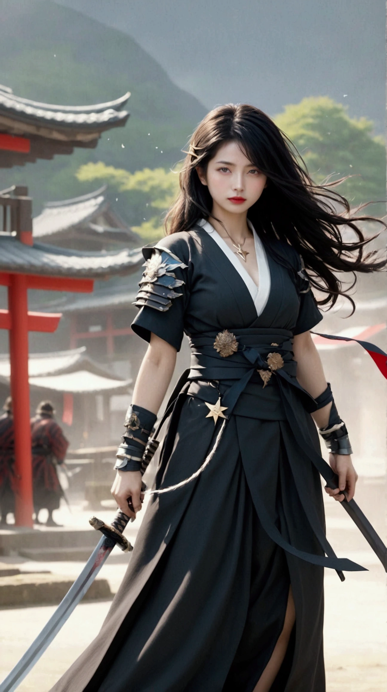 (Japanese sword &reference;Muramasa 2&reference;.2)Beautiful 27 year old woman、Japanese women、Tie your hair back、Hair ornament artist、Warrior、Clear Eyes、{Arm tattoo(SakuraFubuki}’Warrior、(Japanese swordを両手で構える、1.3)(Japanese sword1.2)Intermediate position、whole body、A long-edged sword、Realistic battle scenes、敵Warriorの返りBlood、Blood、High resolution、Highest quality、Very detailed、8k、background、The castle is burning、Sparks fly、