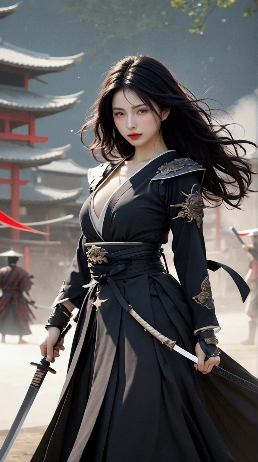 (Japanese sword &reference;Muramasa 2&reference;.2)Beautiful 27 year old woman、Japanese women、Tie your hair back、Hair ornament artist、Warrior、Clear Eyes、{Arm tattoo(SakuraFubuki}’Warrior、(Japanese swordを両手で構える、1.3)(Japanese sword1.2)Intermediate position、whole body、A long-edged sword、Realistic battle scenes、敵Warriorの返りBlood、Blood、High resolution、Highest quality、Very detailed、8k、background、The castle is burning、Sparks fly、