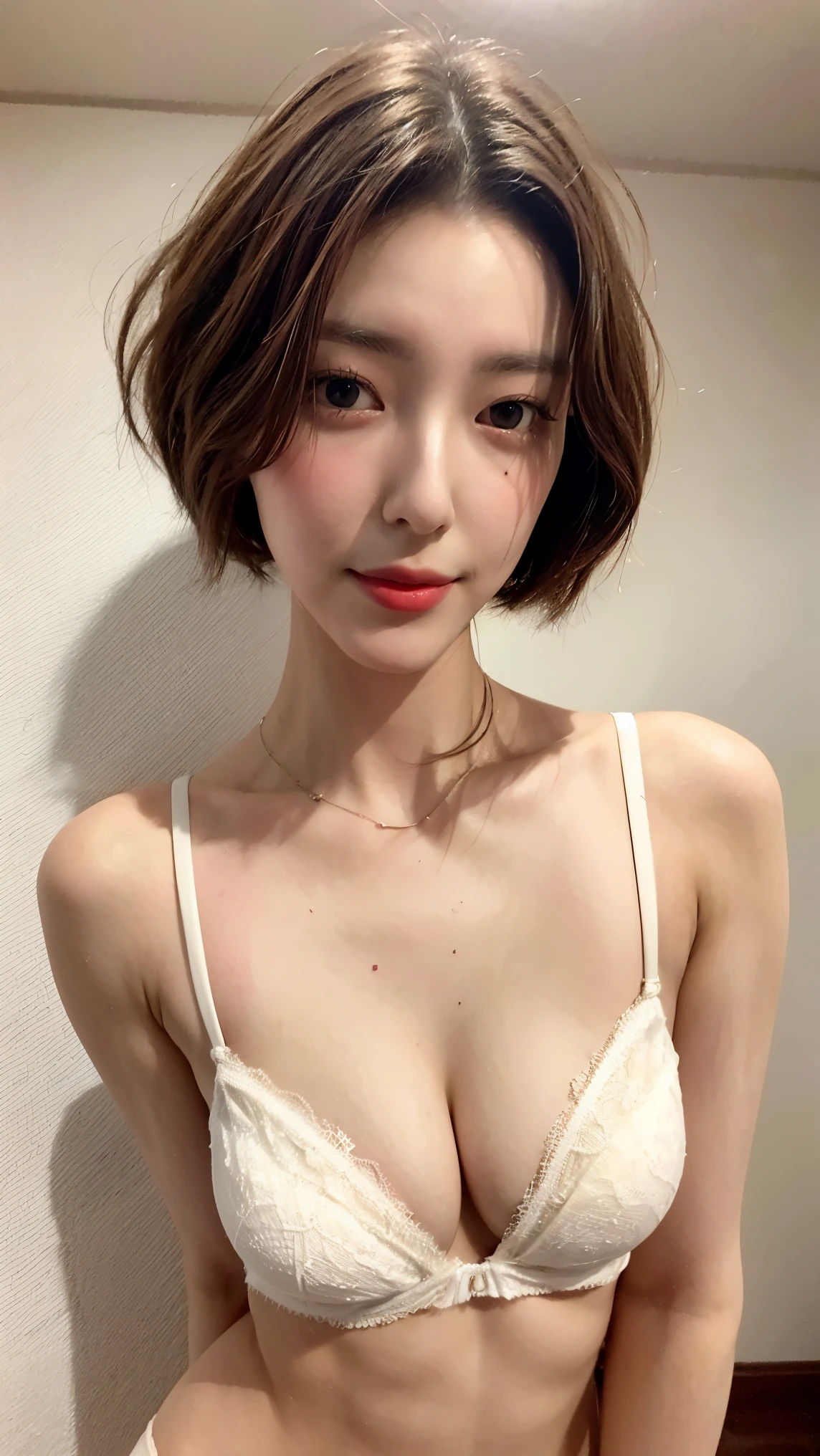 (1 girl, Girls,Small breasts, Short Bob Hair, White bra, panties), Fair-skinned, Glossy Lips, skinny, Body Type, Delicate and sexy collarbone, Highest quality, RAW Photos, Realistic, face, Incredibly ridiculously beautiful girl, cute, Depth of written border, High resolution, 超detailed, detailed, Very detailed, extremely detailed eye and face, Sharp pupils, Sharp focus, Cinema Lighting