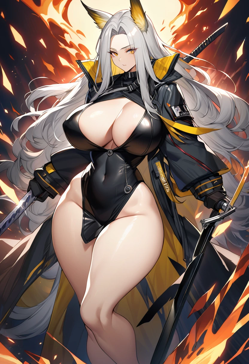 Hellagur(Arknights),grey hair,feather ears,curvy body,wearing original suit(shattered cloth)wielding big katana(blade), big breast,big thighs,flame background,midnight setting,very nsfw, uncensored.