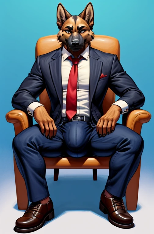 solo, male, brown and dark brown german shepherd, toned body, (dark gray jacket suit with red necktie, tight pants, thick bulge, brown shoes), (massive bulge), sitting on a fancy chair, showing his brown shoes, close-up on his shoes, smile, angry expression, looking at viewer, high detailed, masterpiece, dark blue background, author by: Meesh
