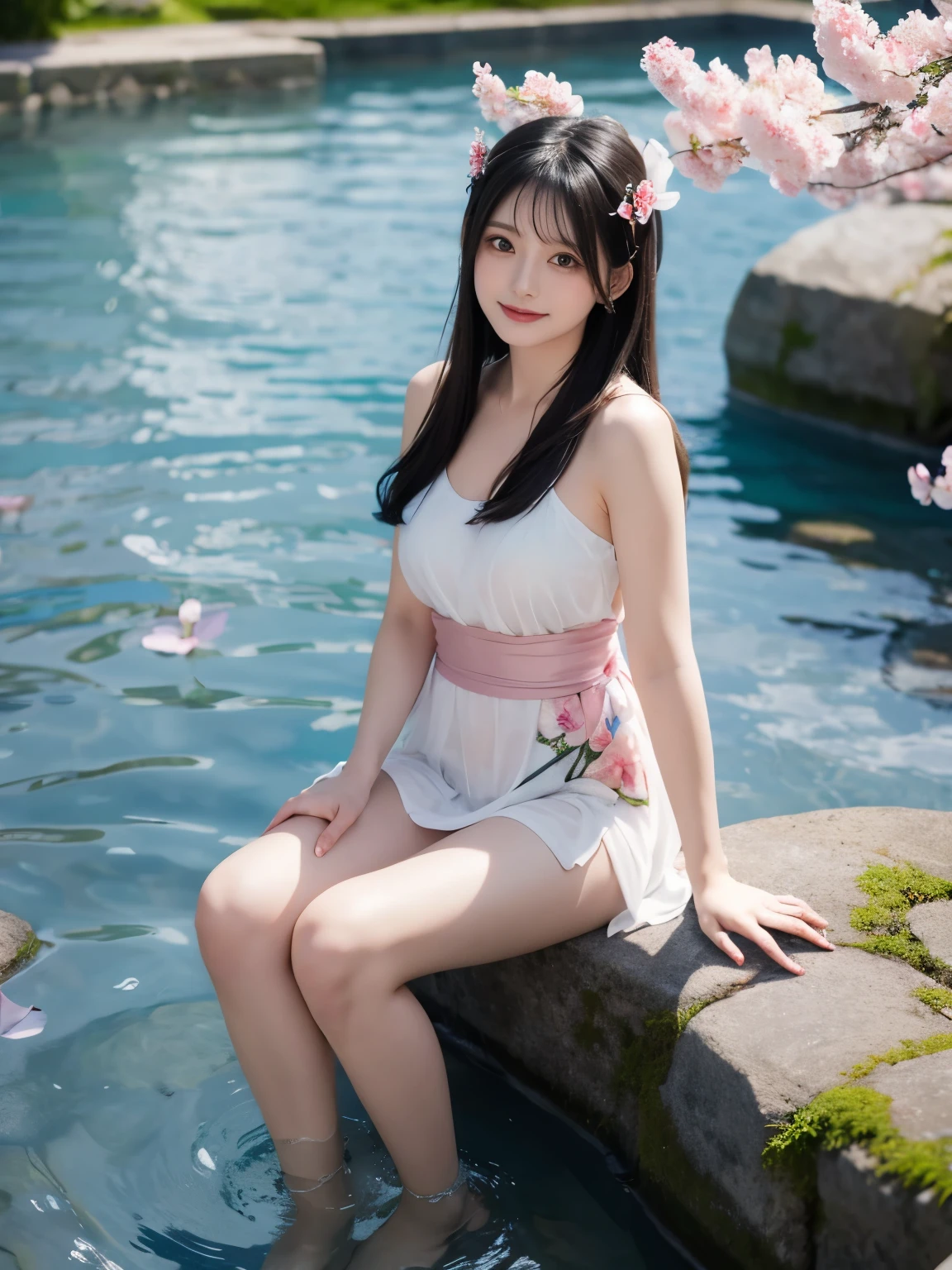 (UHD, masterpiece, anatomically correct, textured skin, super detail, best quality, highres, 8k, bloom, Front Light:1.2, Perfect dynamic composition,) 1girl, solo, looking at viewer, blush, smile, bangs,black hair, hair ornament, sitting on stone wall, floral white long dress,closed mouth, full body, flower, outdoors, hair flower, clear blue water, sash, petals, toes,cherry blossoms, pelvic curtain, branch,clear water pool,
