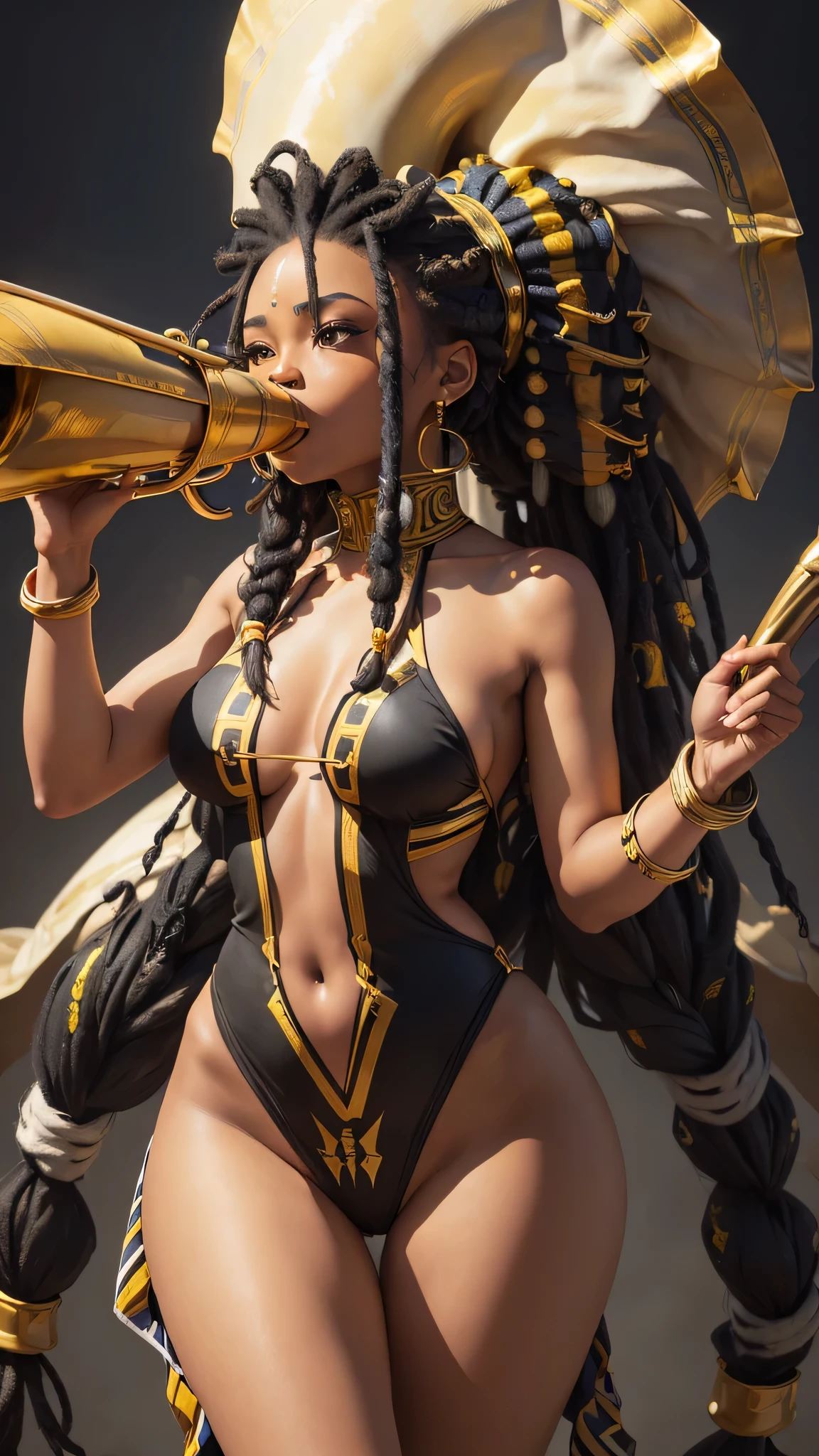 (masterpiece, highest quality, ultra high res, ultra detailed:1.3), 1 cute girl, ideal ratio body proportions, a national costume with a zigzag print, (black fine dreadlocks:1.3), (blowing a horn:1.4),