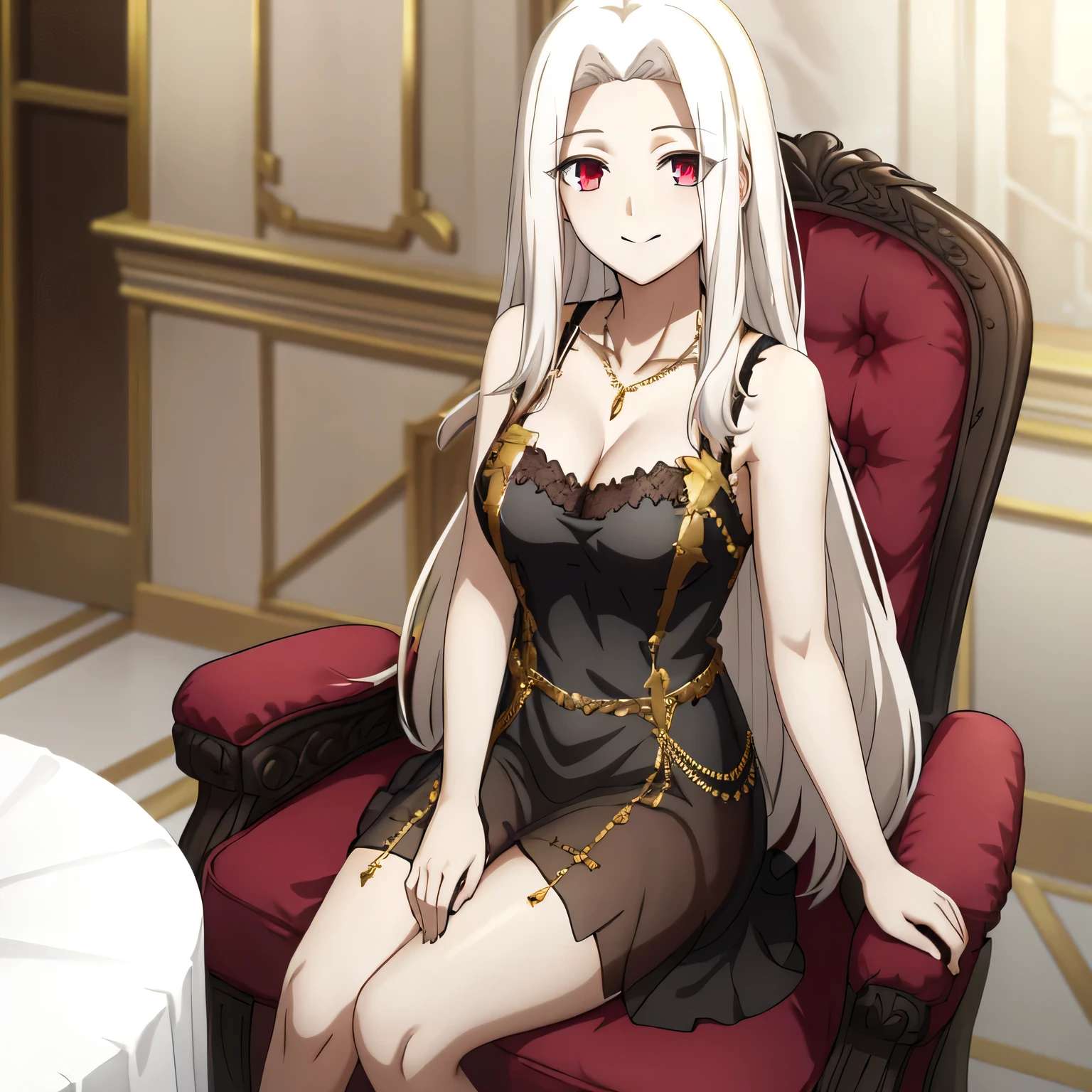 Irisviel,black sheer dress sleeveless and Decorated with golden color,solo,looking at viewer,beautiful smile,arm at side,middle size of breast,beautiful necklace,sitting in chair looking at you with smile,take off the top of a dress