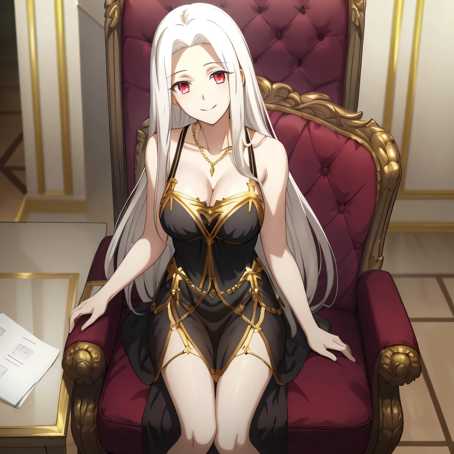 Irisviel,black sheer dress sleeveless and Decorated with golden color,solo,looking at viewer,beautiful smile,arm at side,middle size of breast,beautiful necklace,sitting in chair looking at you with smile,take off the top of a dress