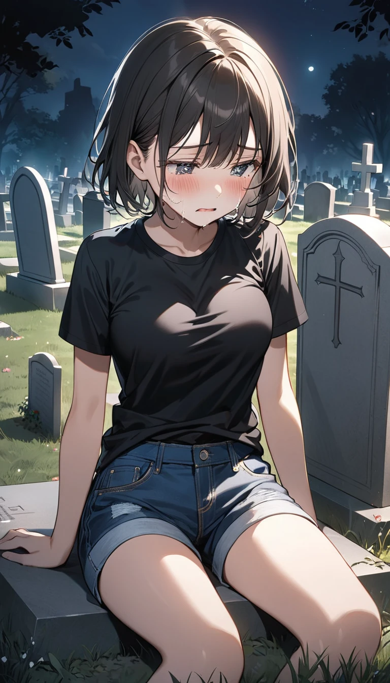 14 year old girl in a cemetery at night with short layered hair crying a little on a grave sitting in front of it with a little blush on her face with a black t-shirt stuck to her breasts and denim shorts while talking to the grave