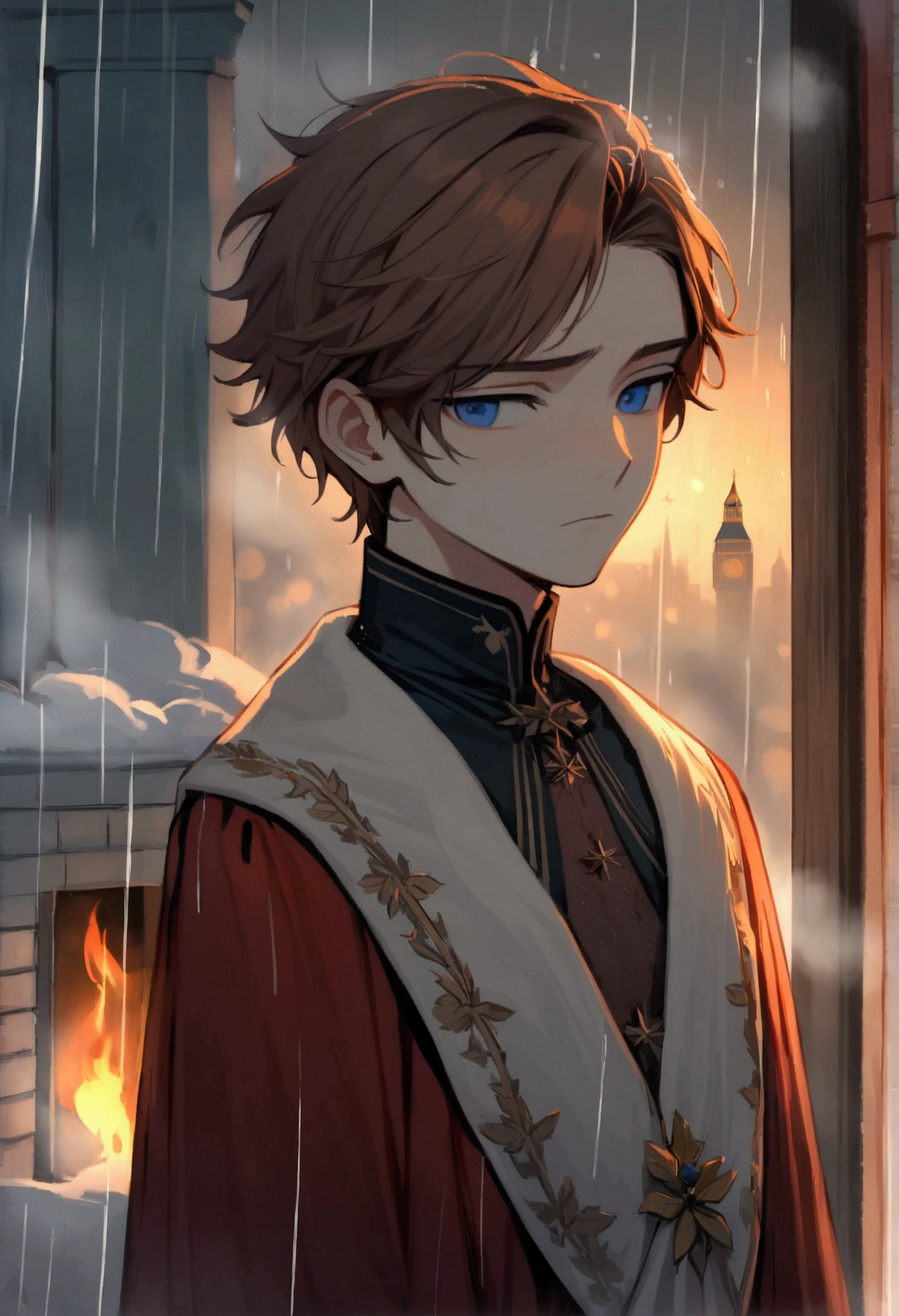 a beautiful boy, 14 years, rasgos Europeans muy finos, Brown hair, blue eyes, sad look, peaceful look, very sensible, very sad, ELEGANT DRESS, European, London, rain, Cold, winter, snow, Christmas, loneliness, melancholia, fire in the room, Chimney.
